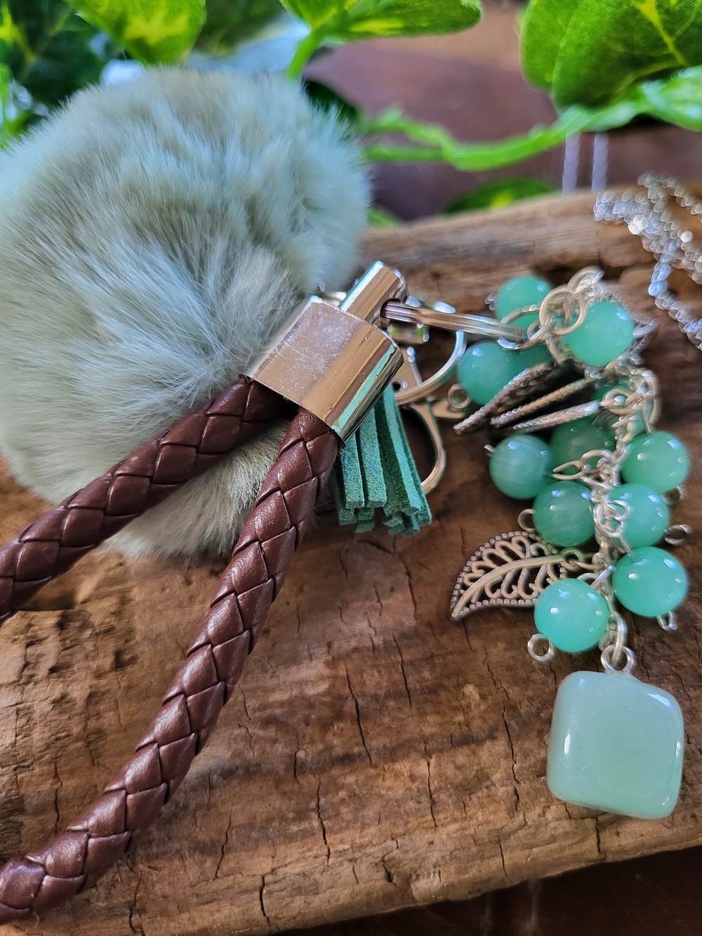 Green Purse Charm with Brown Leather Braided Strap